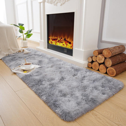Alfombra Bajada De Cama Peluda 160x60cm 3cm Suave - Norplat Gris Claro Y Blanco Liso