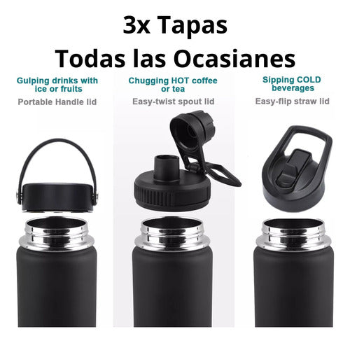 Termo Botella Agua Termica Acero Inoxidable 740ml + 3 Tapas Negro