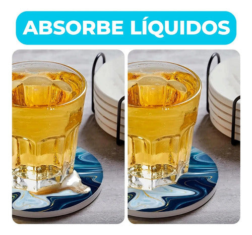 6 Posavasos Cerámica Corcho Con Soporte Para Mesa - Norplat Mármol Azul Turquesa