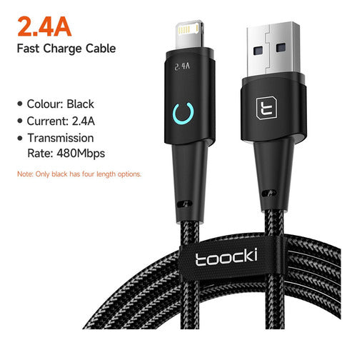 Cable Usb Para iPhone 2.4a 2 Metros Carga Rapida - Toocki Negro