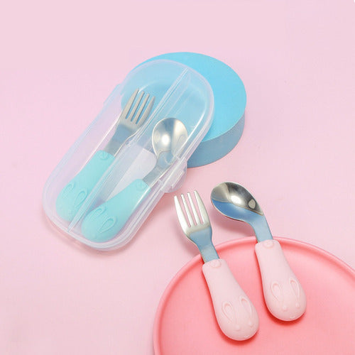 Set De Cubiertos Niño Niña Bebe Cuchara Tenedor Con Estuche Azul