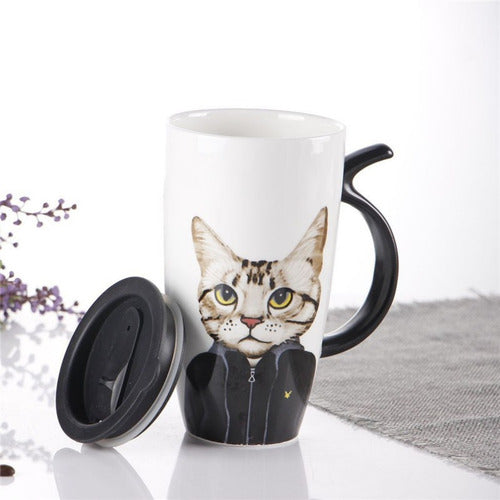 Taza Tazón Grande Gato 650ml Tapa Cuchara Bombilla - Norplat 02 - Blanco