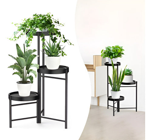 Pedestal Para 3 Plantas / Porta Maceteros Metalico - Norplat Negro Lisa