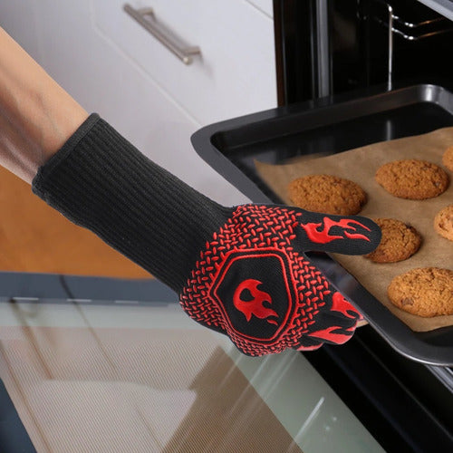 Set 2 Guantes Asado Alta Temperatura Parrillero Cocina Cukin Rojo Rayas