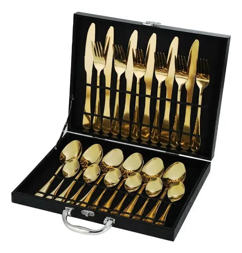 Set 24 Cubiertos De Lujo Norplat Juego Cuchilleria En Maleta Dorado