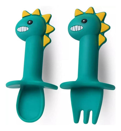 Set Plato De Silicona Dinosaurio Para Bebé Niños + Cubierto Verde Agua / Celeste