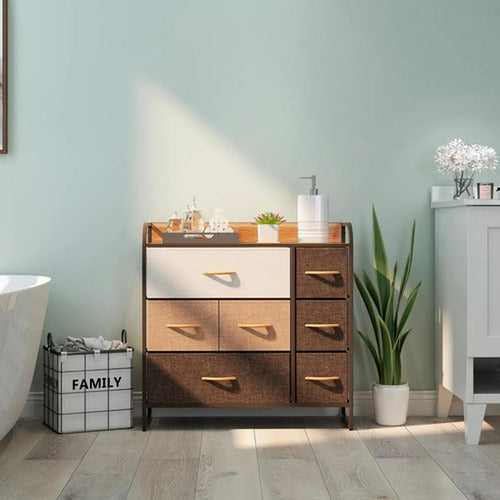 Cajonera Comoda Norplat 7 Cajones Marco Metálico Tapa Madera Marrón Claro