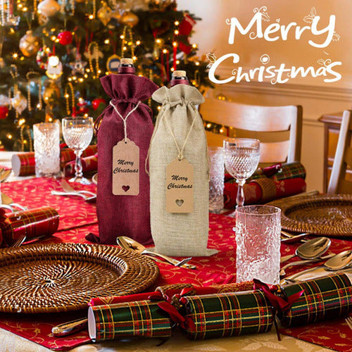 Bolsas De Regalos Navidad Para Botellas Vino 12u - Norplat 6 Negro + 6 Lino