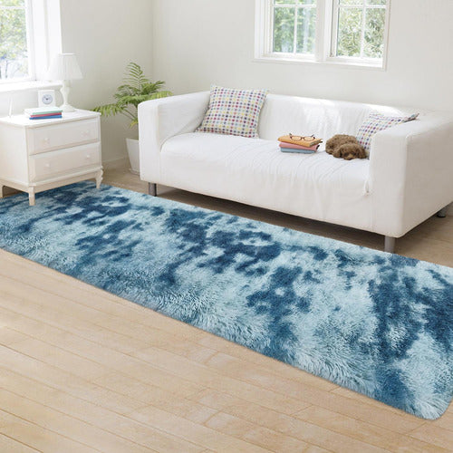 Alfombra Bajada De Cama Peluda 160x60cm 3cm Suave - Norplat Celeste Jaspeado Liso