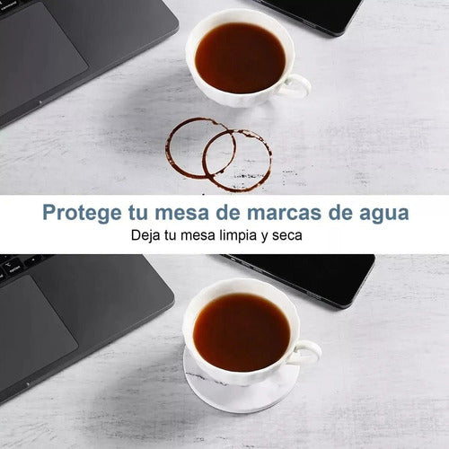 6 Posavasos Cerámica Corcho Con Soporte Para Mesa - Norplat Mármol Blanco