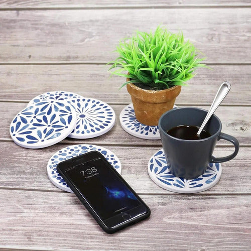 6 Posavasos Cerámica Corcho Con Soporte Para Mesa - Norplat Azul Hojas