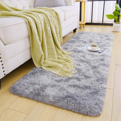 Alfombra Bajada De Cama Peluda 160x60cm 3cm Suave - Norplat Gris Claro Y Blanco Liso