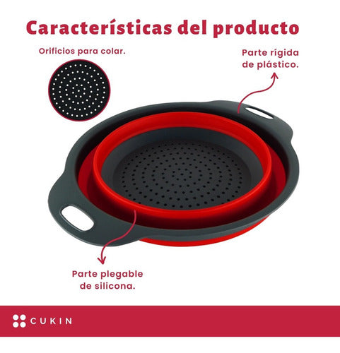 Colador Plegable Para Lavar Fruta O Verdura - Cukin Gris Y Rojo