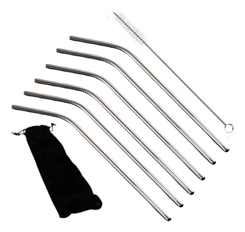 Set 6 Bombillas Bebida Reusable Bolsa + Limpiador - Norplat Plateado