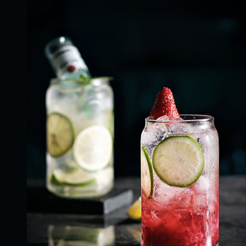 Set 4 Vasos De Vidrio Con Tapa Bambú Para Bebidas Cocteles