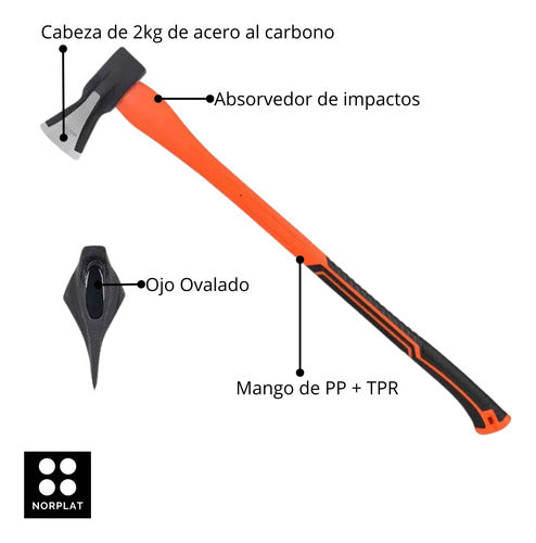 Hacha Para Leña 90cm De Acero Carbono Mango Pp+tpr - Norplat Naranja