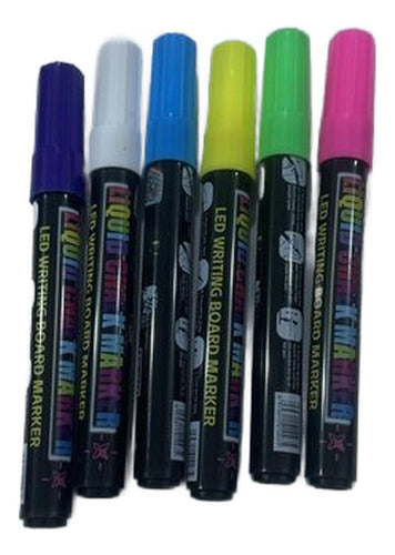 6 Plumones Tiza Liquida Pizarra Led Vidrio Fluor - Norplat Negro, Multicolor