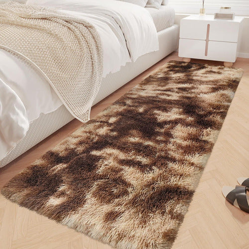 Alfombra Bajada De Cama Peluda 160x60cm 3cm Suave - Norplat Marron Jaspeado Liso