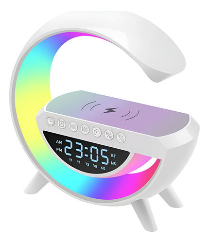 Parlante Bt Fm + Cargador Inalámbrico Reloj Lampara Norplat Blanco