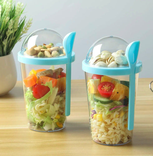 Norplat Set 2 Vasos Yogurt Cereal 400ml Tapa Cuchara Pote Azul Claro
