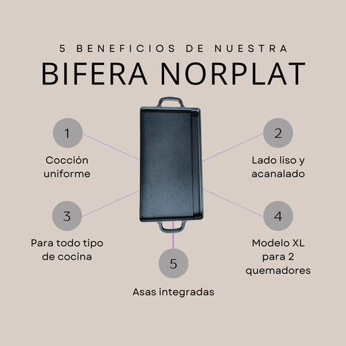 Plancha Bifera Norplat Reversible Hierro Fundido 50x23cm Xl Negro