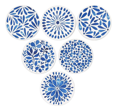 6 Posavasos Cerámica Corcho Con Soporte Para Mesa - Norplat Azul Hojas