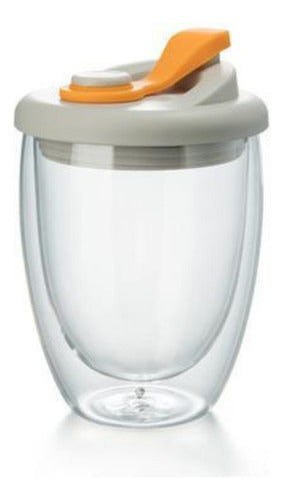 Taza Cafe Doble Vidrio Te Vaso Mug Tapa Antiderrame Norplat Naranja Liso