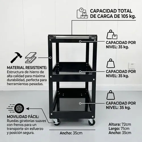 Carro Organizador Porta Herramienta 3 Nivel Metálico Norplat Negro