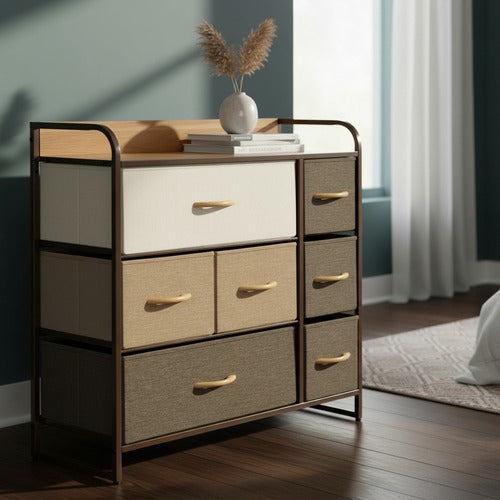 Cajonera Comoda Norplat 7 Cajones Marco Metálico Tapa Madera Marrón Claro