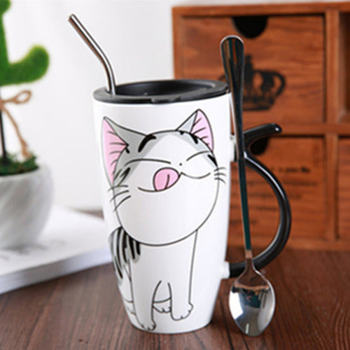 Taza Tazón Grande Gato 650ml Tapa Cuchara Bombilla - Norplat 01 - Blanco