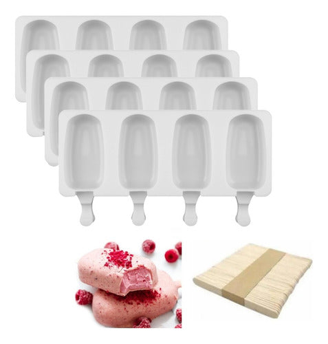 Kit 4 Moldes Para 4 Helados Silicona + 200 Palitos - Norplat Blanco