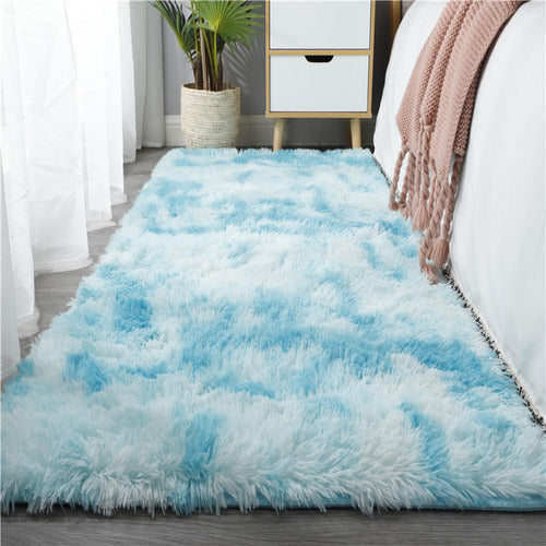 Alfombra Bajada De Cama Peluda 160x60cm 3cm Suave - Norplat Celeste Jaspeado Liso