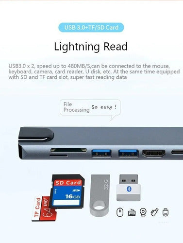 Hub Adaptador Usb Tipo C 8 En 1  - Macbook, Windows Ethernet
