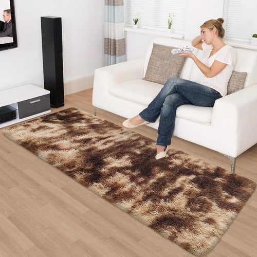 Alfombra Bajada De Cama Peluda 160x60cm 3cm Suave - Norplat Marron Jaspeado Liso