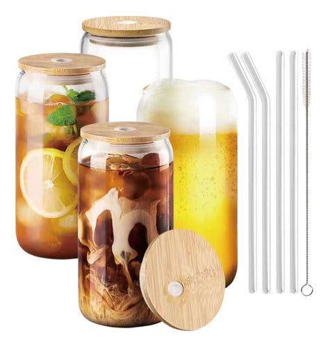 Set 4 Vasos De Vidrio Con Tapa Bambú Para Bebidas Cocteles