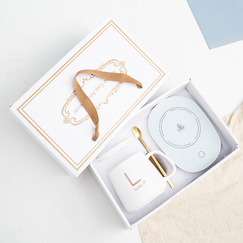 Taza Con Calentador Eléctrico Cuchara Caja De Regalo Cafe Te Blanco Lucky