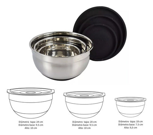 Set 3 Bowls Con Tapa Acero Inoxidable Antideslizante Norplat Negro