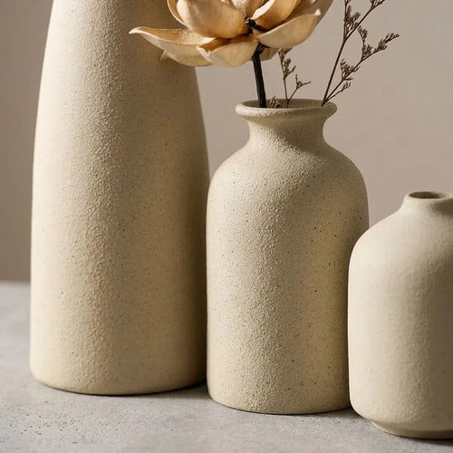 3 Floreros Norplat - Jarron Cerámica Decorativos Para Mesa Crema Lisa