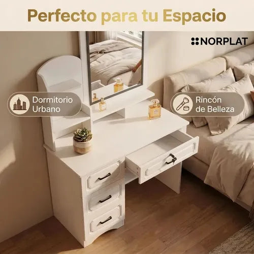 Tocador Norplat Con Espejo 4 Cajones Comoda Organizador Blanco