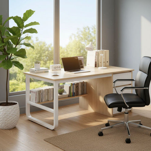 Escritorio Oficina Melamina Metal 3 Cajones 100x50cm Norplat Madera Y Blanco