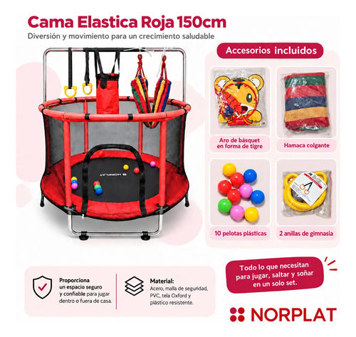 Cama Elástica 1.5mt Saltarina Trampolin Para Niños Norplat Negro Rojo