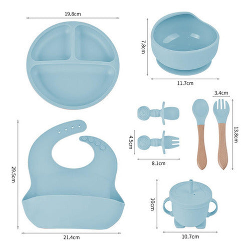 Set Alimentación Bebe Silicona 8 Piezas Bpa Free - Norplat Celeste