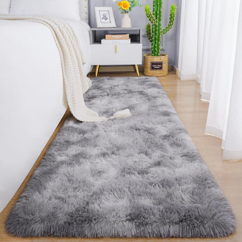 Alfombra Bajada De Cama Peluda 160x60cm 3cm Suave - Norplat Gris Claro Y Blanco Liso