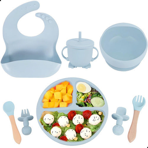 Set Alimentación Bebe Silicona 8 Piezas Bpa Free - Norplat Celeste