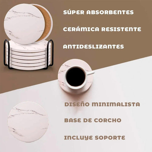 6 Posavasos Cerámica Corcho Con Soporte Para Mesa - Norplat Mármol Blanco