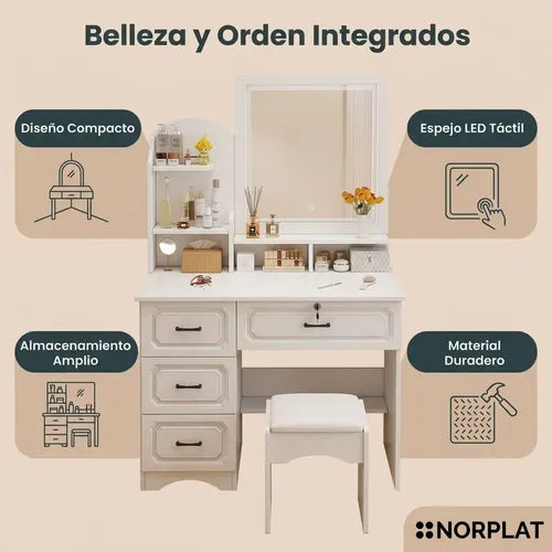 Tocador Norplat Con Espejo 4 Cajones Comoda Organizador Blanco