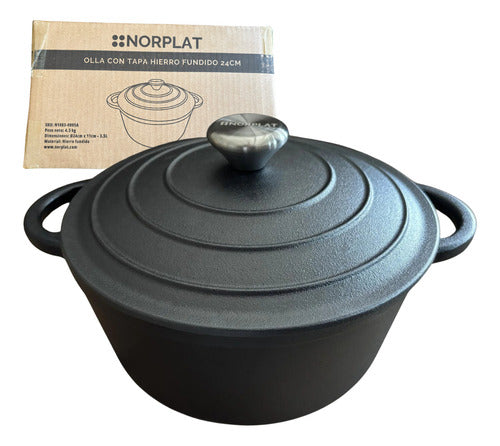Olla De Hierro Fundido 24 Cm 3.5 Lts - Va Al Horno - Norplat Negro