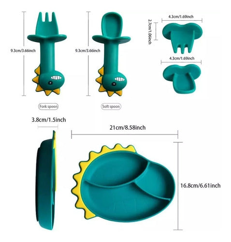 Set Plato De Silicona Dinosaurio Para Bebé Niños + Cubierto Verde Agua / Celeste