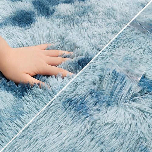 Alfombra Bajada De Cama Peluda 160x60cm 3cm Suave - Norplat Celeste Jaspeado Liso