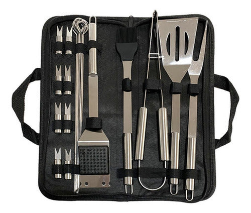 Set Parrillero 20 Piezas De Acero Inoxidable + Bolso Norplat Plateado